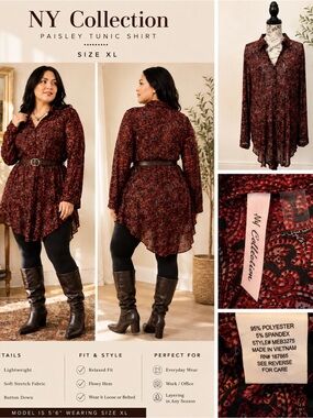 NY Collection Burgundy Paisley Tunic Top XL